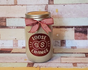 Loose Change Mason Jar Coin Bank / Home Decor / Office Decor / Gift Giving / Pint / Jar / Glass / Coins / Bank / Money / Khaki / Burgundy