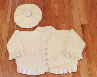 Baby Girl Ivory Sweater and Cap / Hat Set / Hand Knit Sweater & Hat Size 18 - 24 M / Gift / Keepsake / Cardigan / Sweater / Cap / Hat