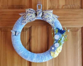 Spring Butterfly Wreath / Yarn Wrapped Wreath / Handmade Bow / Floral / Blue / Handmade YOYO / Door Decor