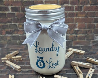 Laundry Loot Mason Jar Coin Bank / Laundry / Home Decor / Gift Giving / Pint / Jar / Glass / Bank / Money