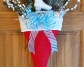 Christmas Holiday Upside Down Ice Skate Santa Hat Door Decor / Wreath / Handmade Bow / XMAS Decor / Figure Skate / Skate / Skating