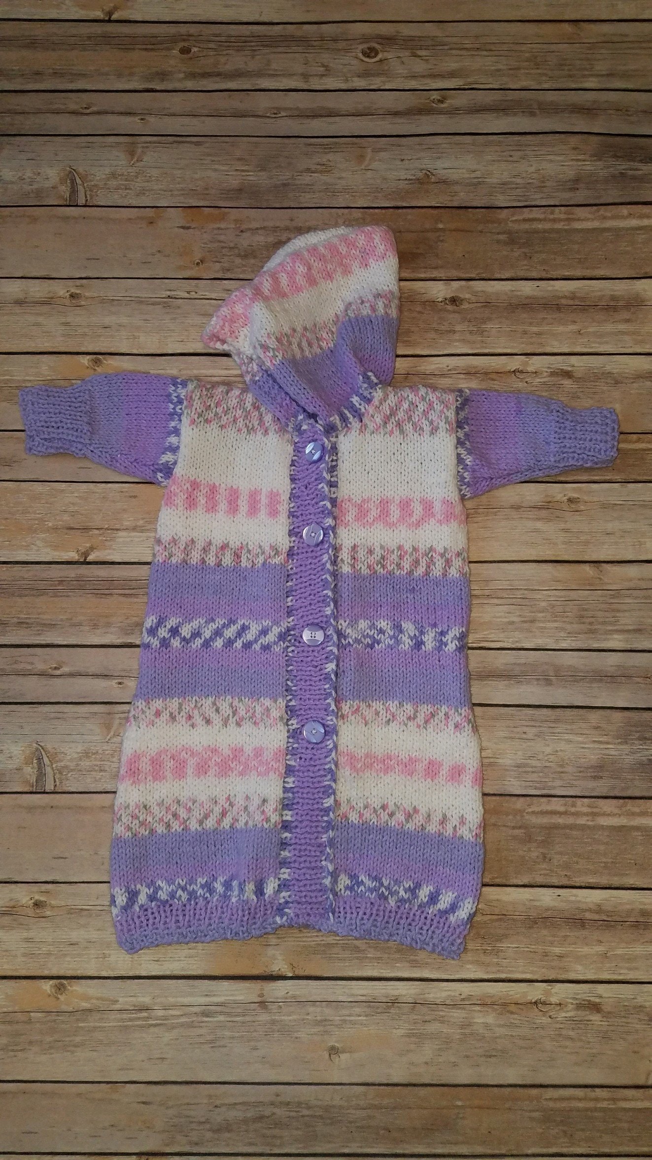 Hand Knit Baby Girl Infant One Piece Bunting with Hood / Pram Etsy