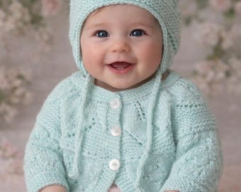 Hand Knit Baby Girl Sweater & Hat Set: Leaf Yoke Cardigan, Mint Green, 6M