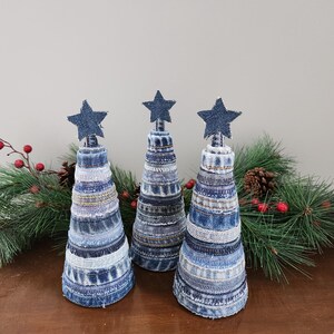 Denim Cone Trees / Set of Three / 8&quot; / Shelf Decor / Table Decor / Christmas / Holiday / Gift Giving / Upcycled Denim / Repurposed Denim
