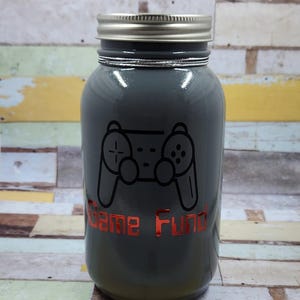 Game Fund Mason Jar Bank /Coin Bank / Home Decor / Gift Giving / 32 Oz Size / Dark Gray / Red / Black / Video Games / Gamer
