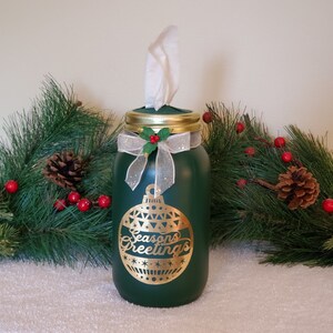 Season&#39;s Greetings Mason Jar Tissue Dispenser / Seasonal Decor / Home Decor / Gift Giving / 32 Oz / Quart / Glass / Tissues