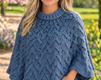 Hand Knit Cowl Neck Poncho: Denim Heather Pullover, S-M