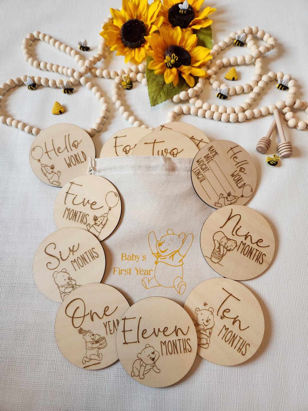 Winnie the Pooh Baby Milestone Markers, Wooden Rounds, Discs, Baby Boy ...