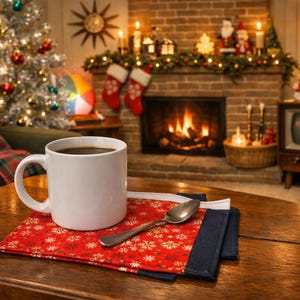 Vinterhelg lapptäcke muggmatta set, tygunderlägg, set om 2, handgjort, kaffeunderlägg, snacksunderlägg, rustikt bondgård, jul