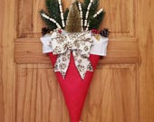 Christmas Holiday Upside Down Bottle Brush Tree Santa Hat Door Decor / Wreath / Handmade Bow / XMAS Decor