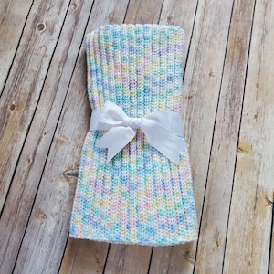 Hand Crochet Pastel Receiving Blanket / Afghan / Bernat Baby Sport Weight Yarn / 23" x 33" / Baby Ombre / Pink/ White / Blue/ Green / Yellow