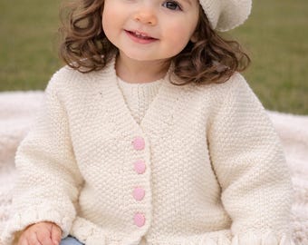 Baby Girl Ivory Sweater and Cap / Hat Set / Hand Knit Sweater & Hat Size 18 - 24 M / Gift / Keepsake / Cardigan / Sweater / Cap / Hat