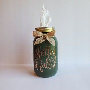 Hello Fall Mason Jar Tissue Holder / Dispenser / Home Decor / Gift Giving / 32 Oz / Quart / Glass / Tissues / Fall / Leaves
