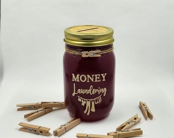 Money Laundering Mason Jar Coin Bank / Laundry / Home Decor / Gift Giving / Pint / Jar / Glass / Clothespin / Bank / Money