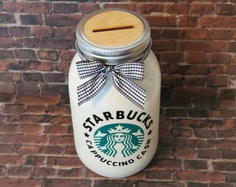 Starbucks Cappuccino Cash Mason Jar Bank / Home Decor / Gift Giving / Coffee / Coin Bank / Glass / Jar / Laser Cut Wood / Handmade Bow