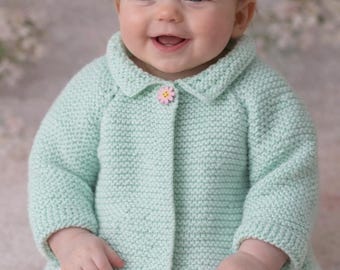 Hand Knit Baby Cardigan: Pastel Green Acrylic, Floral Button, 6M