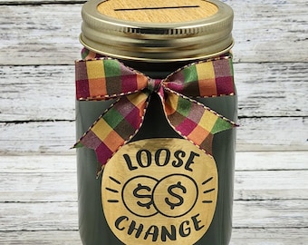Loose Change Mason Jar Coin Bank / Home Decor / Office Decor / Gift Giving / Pint / Jar / Glass / Coins / Bank / Money / Green / Gold