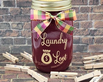 Laundry Loot Mason Jar Coin Bank / Laundry / Home Decor / Gift Giving / Pint / Jar / Glass / Bank / Money
