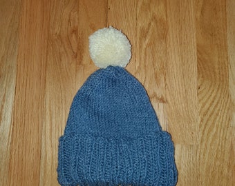 Hand Knit Winter Hat / Snow Hat / Big Kids / Adult / Blue Hat / Hat / Knitting / Handmade / Pom Pom