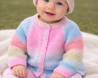 Hand Knit Baby Cardigan and Hat Set: Pastel Variegated Acrylic, 12 Months