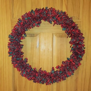Christmas Holiday Festive Plaid Themed Rag Wreath /24" / Red / Green / Door Decor / Homespun Fabric