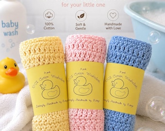 100 % bomullstvättlappar för baby, 3-pack, handgjorda, virkade, hållbara, mjuka, 15 x 15 cm, välj mellan blå, rosa eller gul