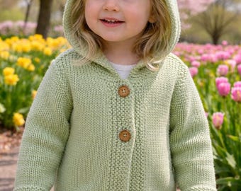 Hand Knit Baby Cardigan: Green & White Hooded Sweater, 18-24 Months