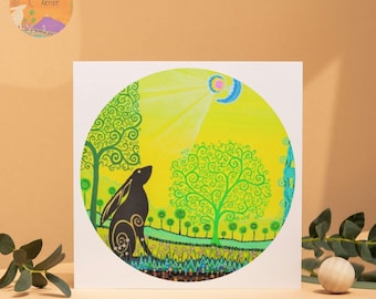 Moon Gazing Hare Card, Art Nouveau Tree of Life, Birthday, Any Occasion for Her