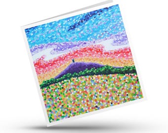 Glastonbury Tor Card, Colourful Vibrant .Sunset Stationery, Spiritual Mythical Landscape Unique Art Print Gift