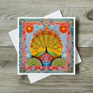 Kaart levensboom, lotusbloem, kaart spirituele yoga en meditatie, paisleypatroon, verjaardag, bedankkaart, voor moeder, beste vriend of haar
