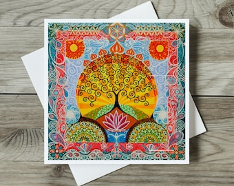 Lotus Flower Birthday Card, Mindfulness Tree of Life, Zen Yoga Meditation Original Art Print