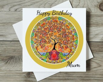 Tree of Life Birthday Card for Mum, Colourful Spiritual Mandala Art Nouveau Gift