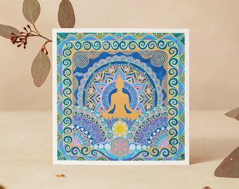 Meditation Card, Gold Buddha Yoga Any Occasion Stationery, Zen Positivity Mindfulness