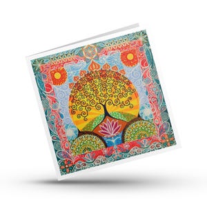May include: A square greeting card featuring a vibrant illustration of a stylized tree with swirling branches set against a large yellow sun. A pink lotus flower sits at the base, surrounded by intricate, colorful floral and geometric patterns.