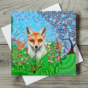 Tarjeta de zorro, tarjeta de zorro y árbol de la vida, tarjeta de cumpleaños con motivos de la naturaleza y la vida salvaje, tarjeta de agradecimiento, tarjeta de felicitación artística única en blanco