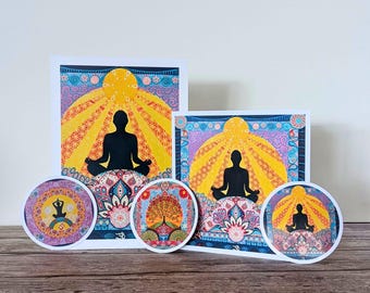 Meditation Art Print and Sticker Gift Pack, Yoga Mindful Bundle