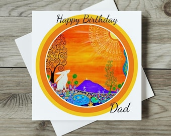 Birthday Card for Dad, Glastonbury Tor, Spiritual Hare, Art Nouveau Tree of Life
