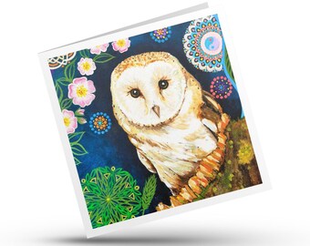 Barn Owl Card, Decorative Bird, Art Nouveau Nature, Any Occasion Wildlife 150mm
