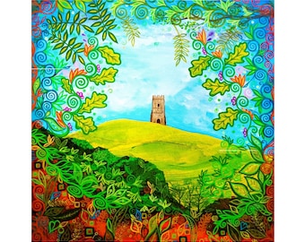 Glastonbury Tor Art Print, Pagan Oak Leaves, Art Nouveau