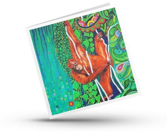 Orangutan Art Card, Colourful Abstract Jungle Stationery, Original Painting Notelet