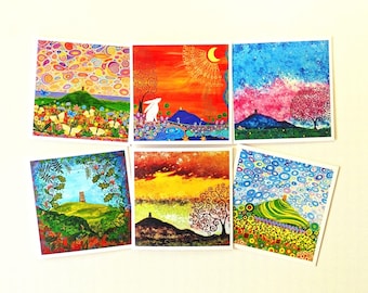 Glastonbury Tor Cards, Pack of 6 Stationery, Any Occasion Blank Art Print Notelet Gift