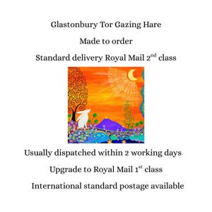 May include: A square art print titled Glastonbury Tor Gazing Hare featuring a white hare sitting in a colorful landscape with a purple hill, a stylized tree, and a bright orange sky with a yellow crescent moon and a circular sunburst pattern.