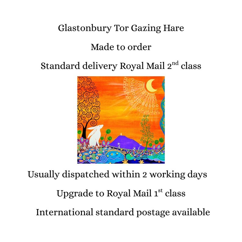 May include: A square art print titled Glastonbury Tor Gazing Hare featuring a white hare sitting in a colorful landscape with a purple hill, a stylized tree, and a bright orange sky with a yellow crescent moon and a circular sunburst pattern.