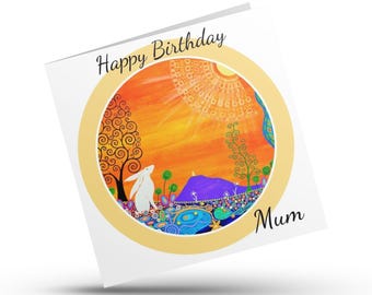 Glastonbury Tor Birthday Card for Mum, Spiritual Hare, Moon, Art Nouveau Tree of Life