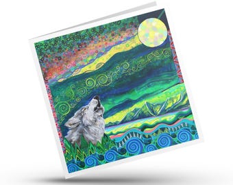 Wolf Card, Northern Lights Norse Stationery, Moon Mountains Unique Art Print Gift