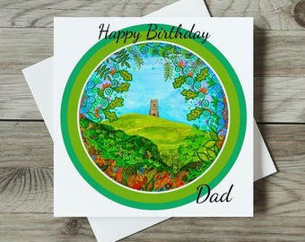 Glastonbury Tor Dad Birthday Card, Spiritual Mindfulness Original Art Nouveau