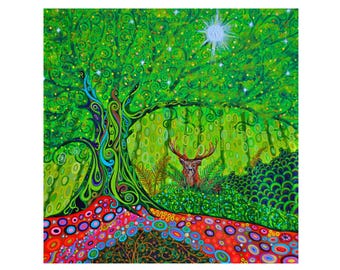 Tree of Life and Stag Art Nouveau Print, Nature Inspired Wall Art