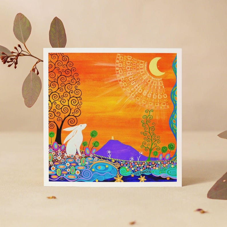 Glastonbury Tor Card, Art Nouveau Hare, Klimt Tree of Life, Pagan Art Print image 9