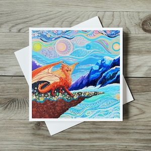Carte dragon, carte d'anniversaire art décoratif faite main pour enfant, adolescent ou meilleur ami, mer abstraite, dragon orange, ciel et montagnes