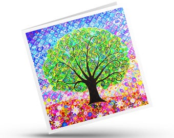 Tree of Life Card, Summer Meadow Butterflies, Boho Art Print Gift Note
